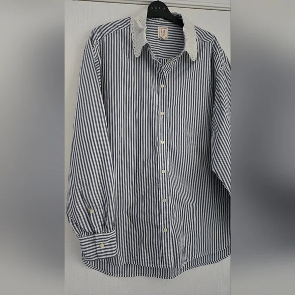 Doen X Gap Cotton Striped Blue Button Down Eyelet Lace Collar Shirt Size Medium - Picture 4 of 11